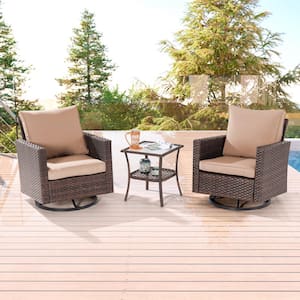 3-Piece Brown Wicker Outdoor Swivel Rocking Chairs Patio Bistro Set with Side Table Sand Cushion