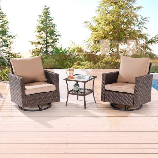 Sonkuki 3-Piece Brown Wicker Outdoor Swivel Rocking Chairs Patio Bistro Set with Side Table Sand Cushion