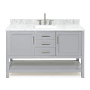 Bayhill 55 in. W x 22 in. D x 35.25 in. H Freestanding Bath Vanity in Grey with Carrara White Marble Top