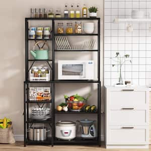 Bachel Contemporary Black Kitchen Baker's Rack with Open Shelves and Hanging Hooks