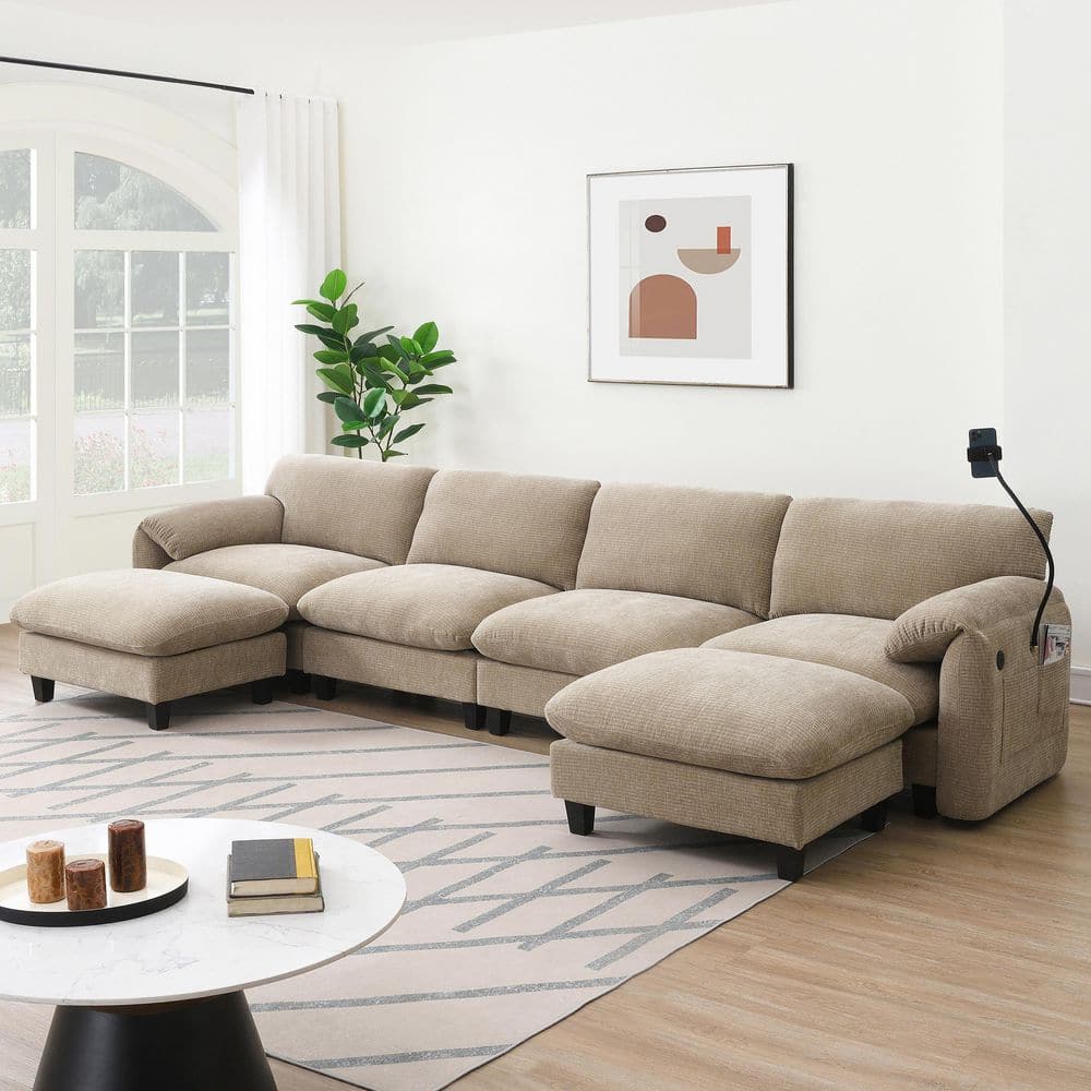 140 in. Modular L-Shape Chenille Sectional Sofa in Khaki with USB Type-C Ch