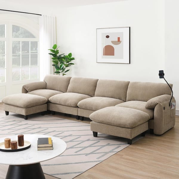 aisword 140 in. Modular L-Shape Chenille Sectional Sofa in Khaki with USB Type-C Charger, Phone Holder and Movable Ottoman