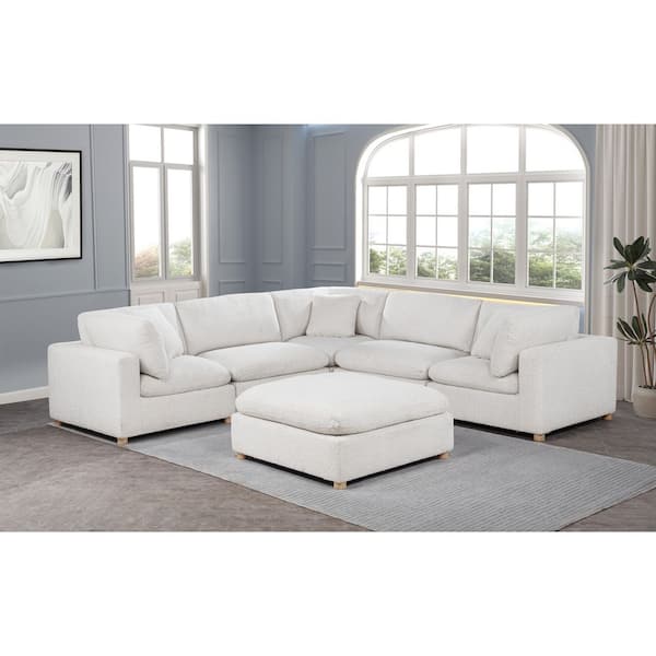 Dexter 120 in. W Straight Arm 6-Piece Boucle Fabric Modular Sectional Sofa in Cream Color