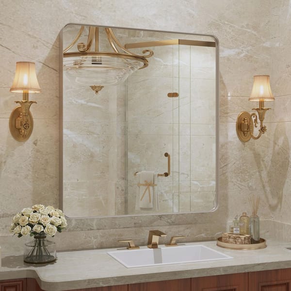 32 in. W x 36 in. H Premium Aluminum Framed Rectangular Bathroom Vanity Wall Mirror in Brushed Nichel