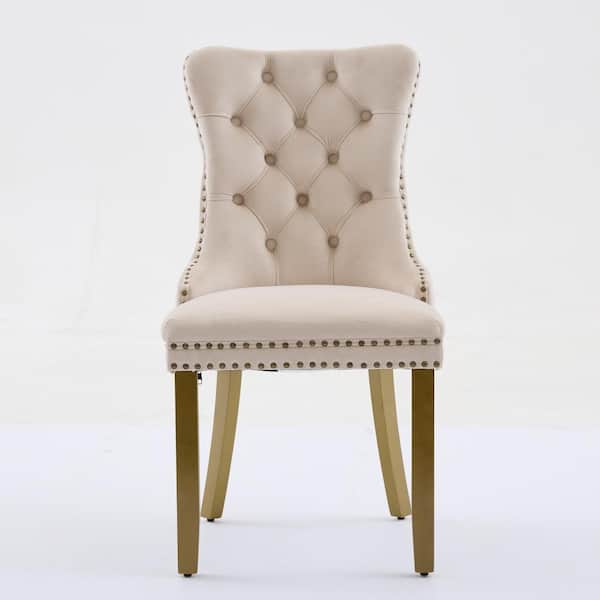 Beige Velvet Upholstered Dining Chair with High Backrest, Tufted Design, Golden Wooden Legs, Nailhead Trim, Set of 2