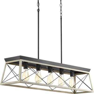 Briarwood Collection 38 in. 5-Light Graphite Farmhouse Linear Chandelier with Whitewashed Wood Frame