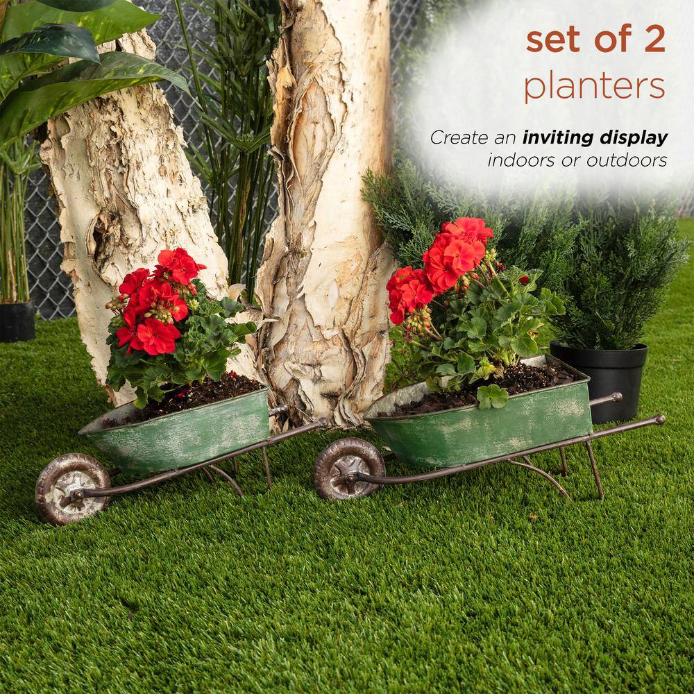 Set of 2 Green Rustic Iron Wheelbarrow Planters