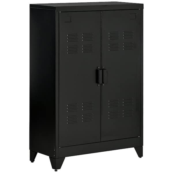 HOMCOM Black Metal 29.5 in. Sideboard Buffet Cabinet with Adjustable Shelves