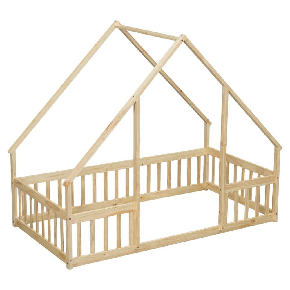 Natural Pine Wood Twin House-Shaped Floor Bed Frame with Guardrails and Safety Fence durable construction price history on PriceWatchPro