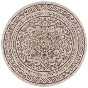 Courtyard Light Beige/Light Brown 8 ft. x 8 ft. Round Medallion Indoor/Outdoor Area Rug