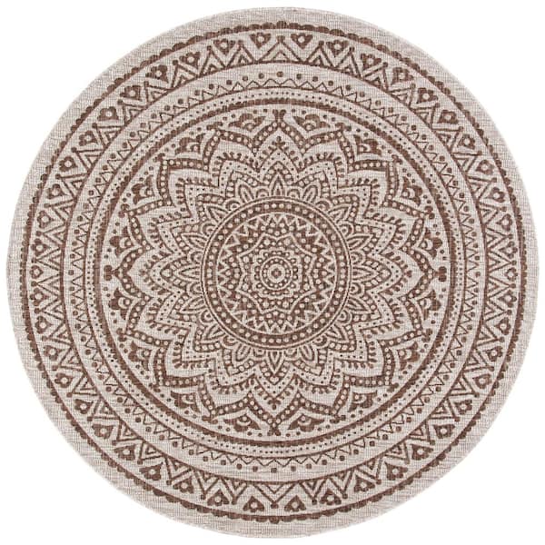 Courtyard Light Beige/Light Brown 8 ft. x 8 ft. Round Medallion Indoor/Outdoor Area Rug