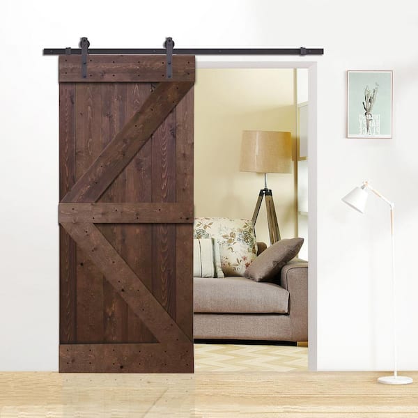 30 in. x 84 in. K-Style Knotty Pine Wood Barn Door with Sliding Door Hardware Kit