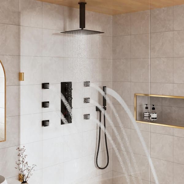 Luxury 7-Spray Patterns Thermostatic 12 in. Ceiling Mount Rainfall Dual Shower Heads with 6-Jet in Matte Black