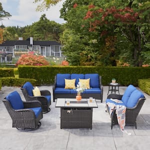 Moonquake 6-Piece Wicker Patio Rectangular Fire Pit Set with Navy Blue Cushions and Swivel Rocking Chairs