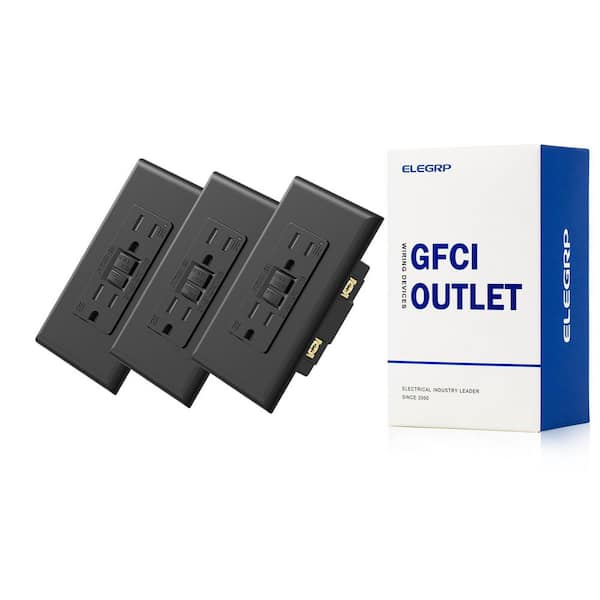 ELEGRP GFCI Outlet Self-Test, 15 Amp 125V Tamper Resistant Duplex wall outlet, Wall Plate included, UL Listed, Matte Black 3PC