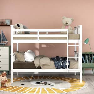 White Full Over Full Solid Wood Bunk Bed with Ladder, Detachable Full Size Kids Bunk Bed With High Length Guardrail