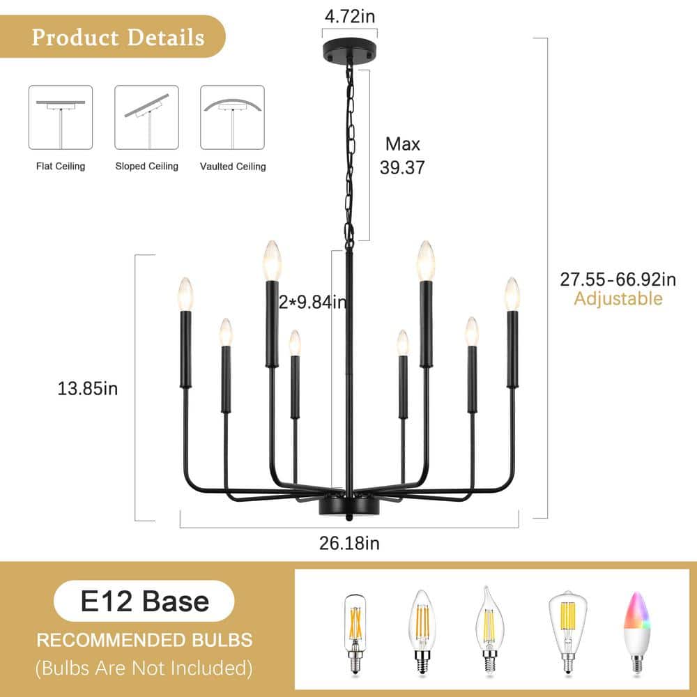 Black Metal 8-Light Candle Linear Chandelier