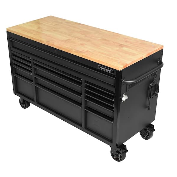 Husky Heavy-Duty 61 in. W x 23 in. D 15-Drawer Mobile Workbench with Solid  Wood Top H61MWC15HP - The Home Depot