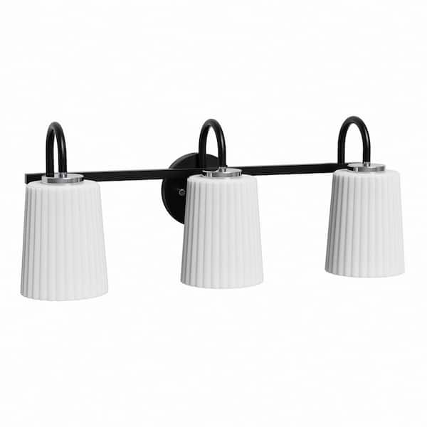 Briignite 24 in. 3-Light Matte Black Vanity Light with White Cone Glass Shade for Bathroom No Bulbs Included