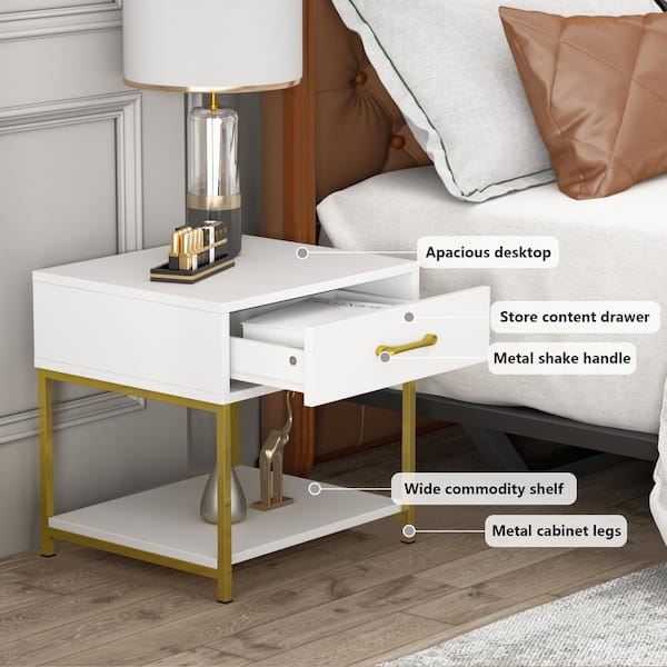 White Wood Nightstand With Drawer, Open Shelf and Metal Legs 17.7"H x 17.7"W x 15.6"D