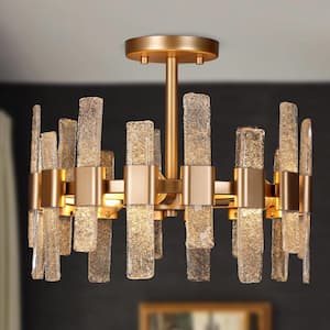 Modern Kitchen Chandelier Ceiling Light, 14.2 in. 3-Light Gold Drum Cylinder Semi-Flush Mount with Ice Glass Strips