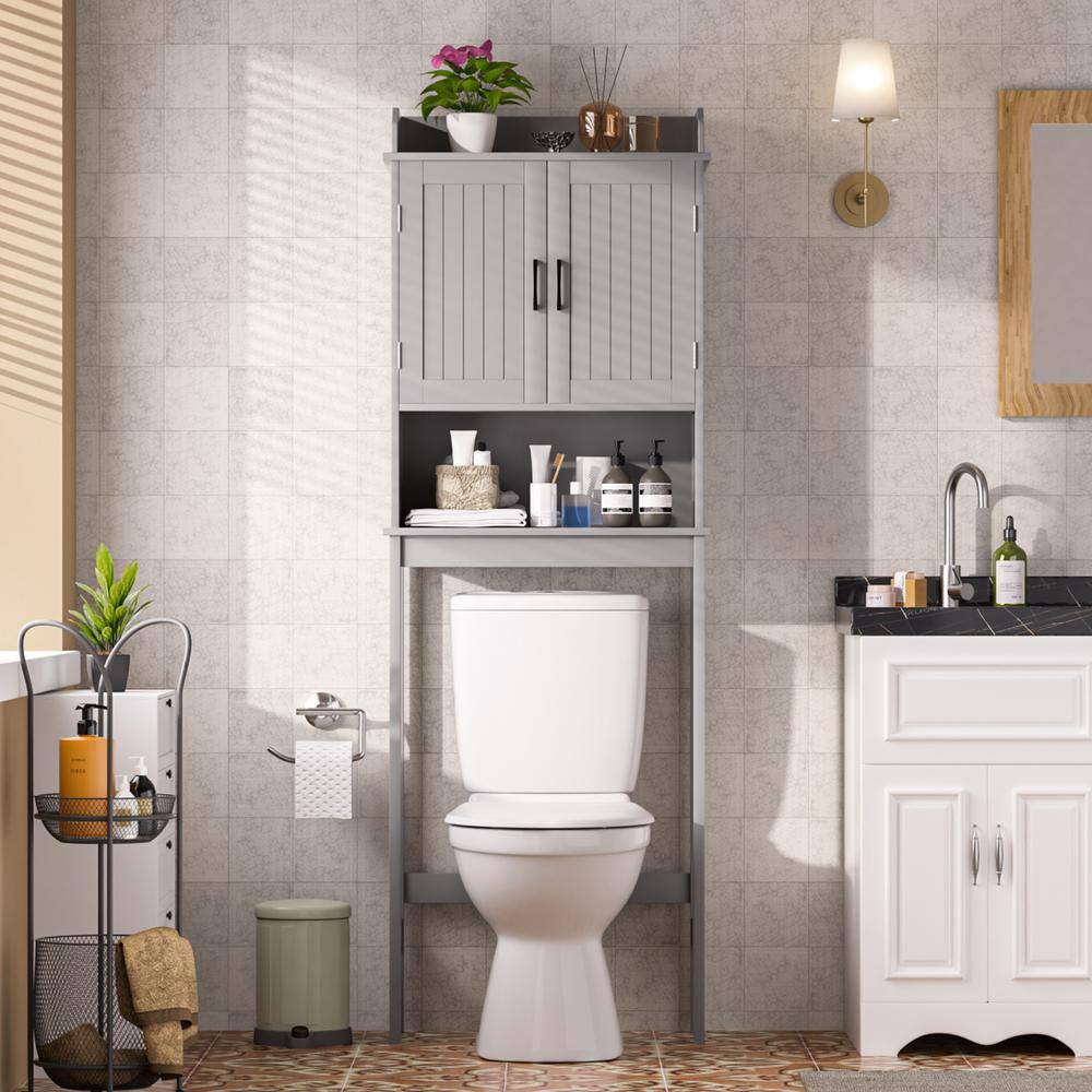 Gray Adjustable Over-the-Toilet Storage Cabinet with Doors