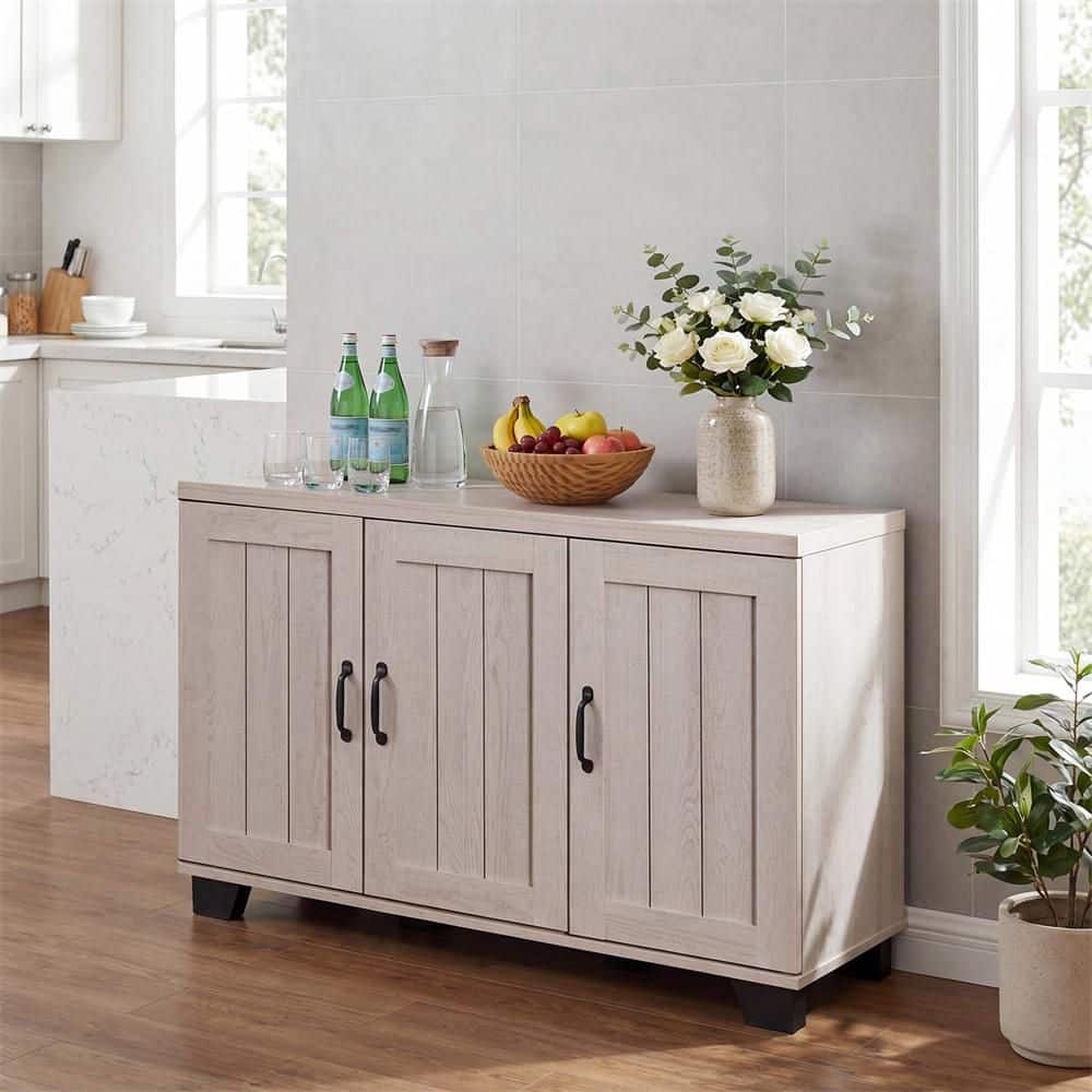 3-Door White Wash 45 in. Buffet Sideboard Storage Credenza Cabinet Console Adjustable Shelf