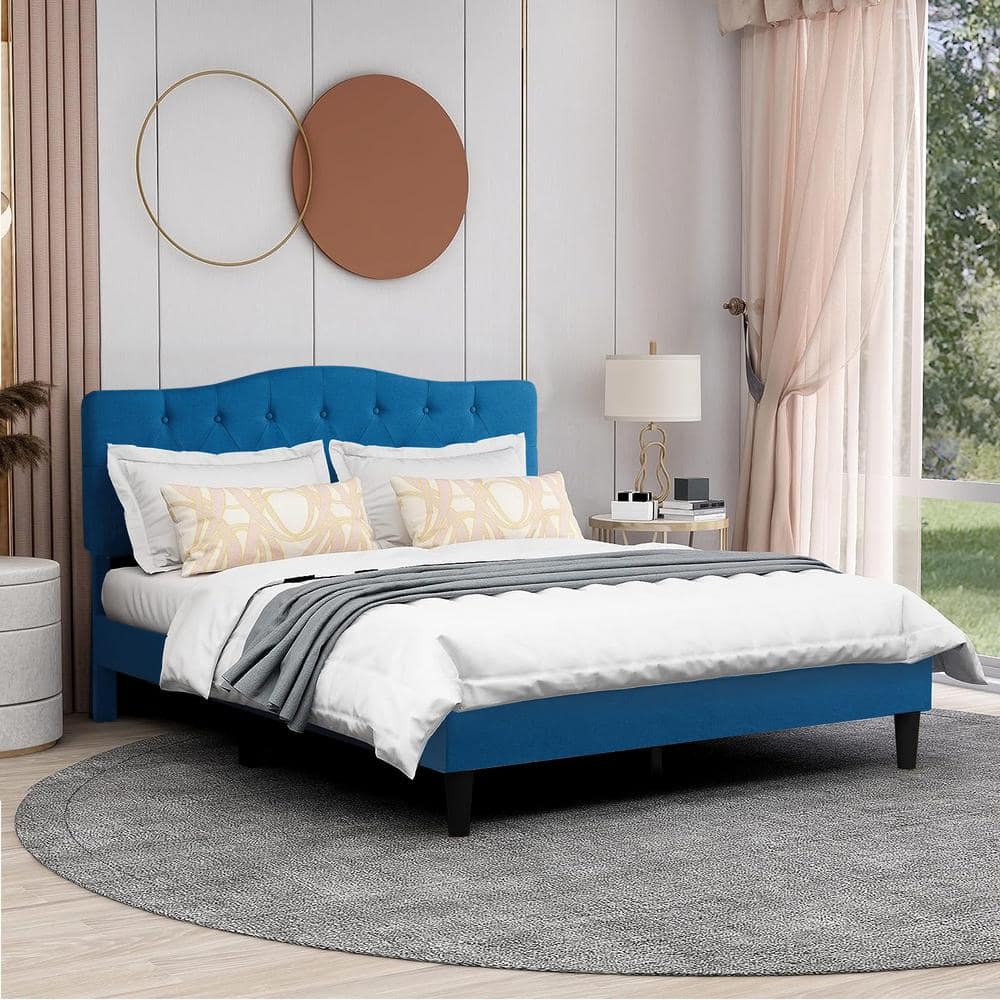 VECELO Bed Frame With Button, Blue Wood Frame Slat Support Easy ...