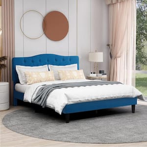 Bed Frame with Button, Blue Wood Frame Slat Support Easy Assembly - Queen Platform Bed Frame With Upholstered Headboard