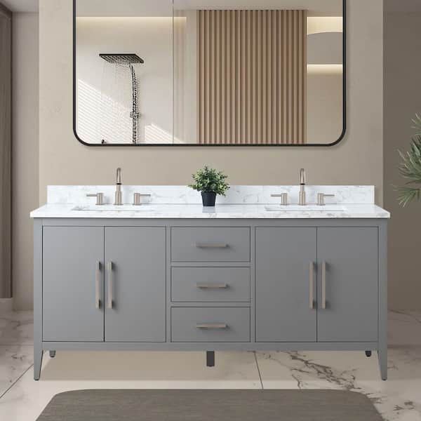72 in. W x 22 in. D x 34 in. H Double Sink Bathroom Vanity Cabinet in Cashmere Gray with Engineered Marble Top