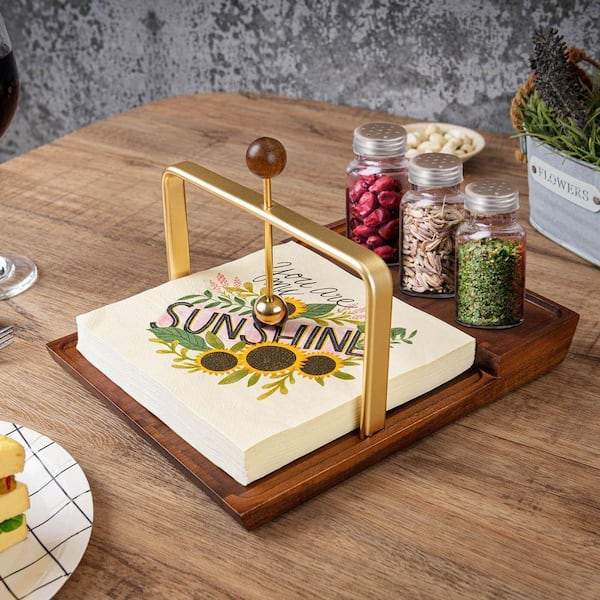 Acacia Wood Tabletop Napkin Holder with Salt and Pepper Shaker Organizer