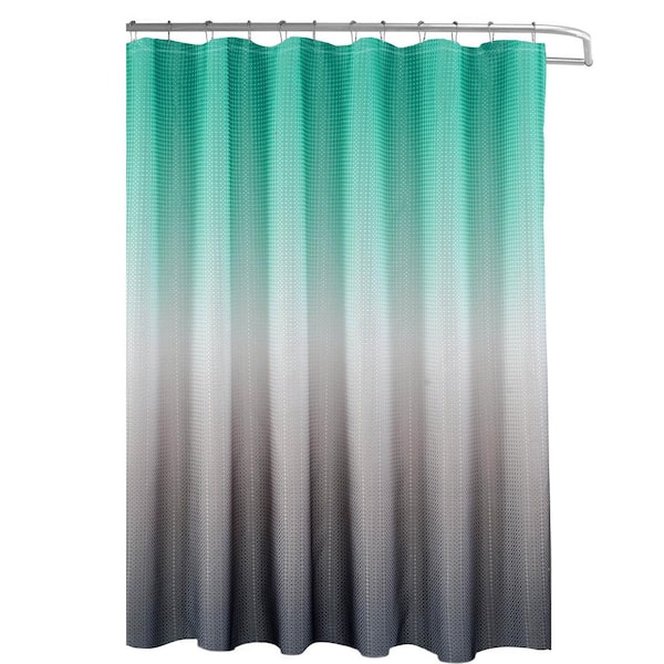 Creative Home Ideas Ombre Turquoise/Grey 70 in. x 72 in. Texture Printed Shower Curtain Set with Beaded Rings