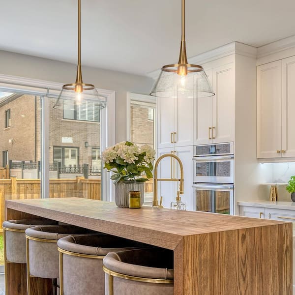 Quoridan Brass Modern Drum Kitchen Pendant Light with Seeded Glass Modern 1-Light Living Dining Room Island Chandelier