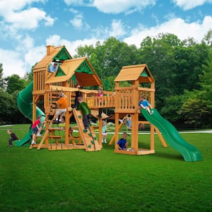 Treasure Trove I Wooden Outdoor Playset with 2 Slides, Clatter Bridge, Rock Wall, and Backyard Swing Set Accessories