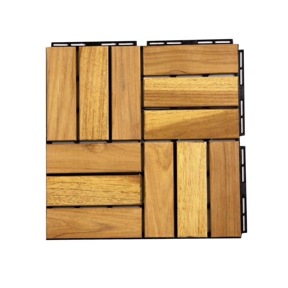 12 in. x 12 in. Outdoor Checker Square Teak Wood Interlocking Waterproof Fl