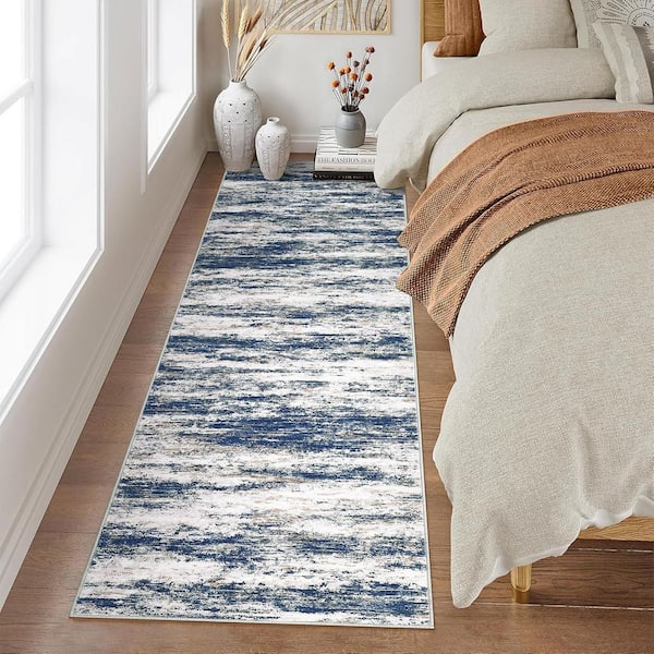 Modern Soft Thin Rug Abstract Printed Carpet Machine for Bedroom Office Dining Room Blue 2 ft. x 6 ft. Area Rug
