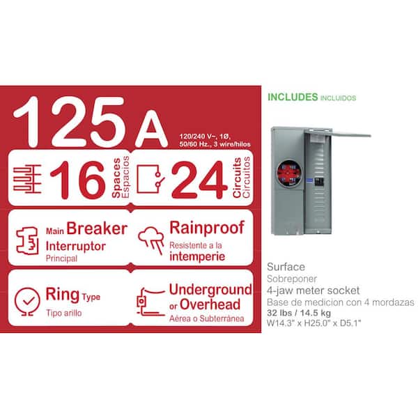 Homeline 125 Amp 16-Space 24-Circuit Outdoor Ring-Type Overhead/Underground Surface Mount Main Breaker CSED