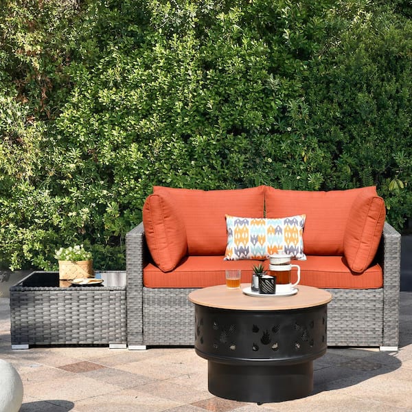 Sanibel Gray 4-Piece Wicker Outdoor Patio Conversation Sofa Set with a Wood-Burning Fire Pit and Orange Red Cushions
