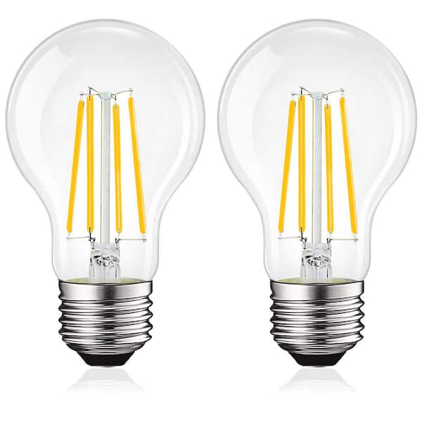 100-Watt Equivalent, A19 LED Light Bulbs Clear Glass Filament, 1600-Lumens 3500K, Dimmable, 12-Watt, Damp Rated (2-Pack)