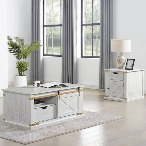 Furniture of America Sueli 2-Piece 48 in. Antique White and Gold Rectangle Wood Coffee Table Set with Barnyard Design