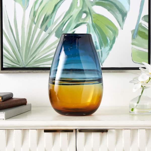 Litton Lane 12 in. Blue Handmade Ombre Glass Decorative Vase with Yellow Base