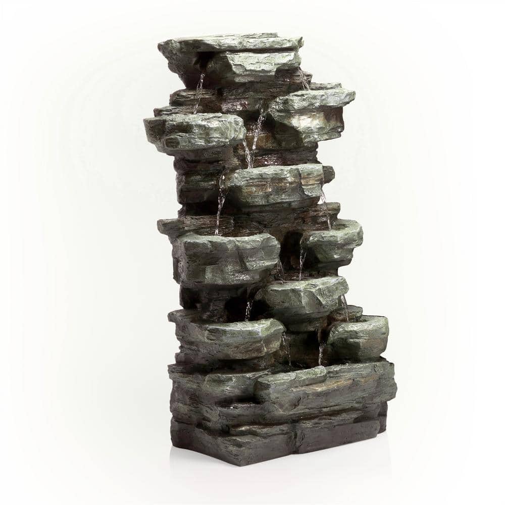 Gray Stone 39" Solar Powered Tiered Rock Fountain with LED Lights
