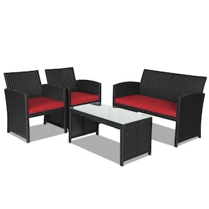 4-Piece Wicker Patio Conversation Set with 3 Red Cushions