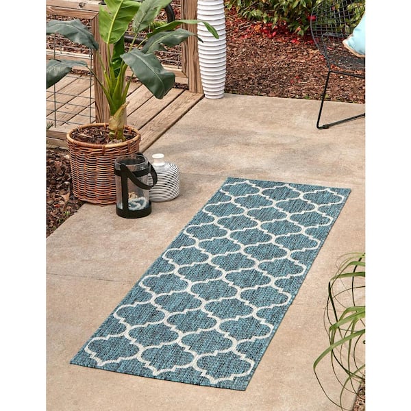 Outdoor Trellis Teal 2 ft. 7 in. x 12 ft. Area Rug
