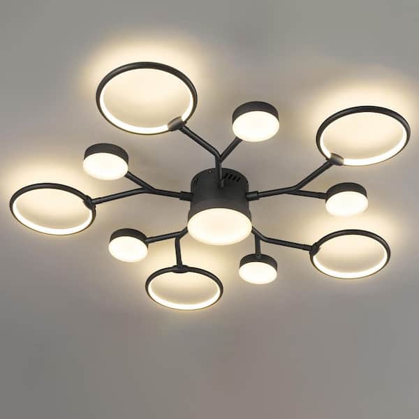 Home Lighting 36 in. 11-Light Modern All Black Industrial LED Lighting Rustic Sputnik Semi-Flush Mount Chandelier