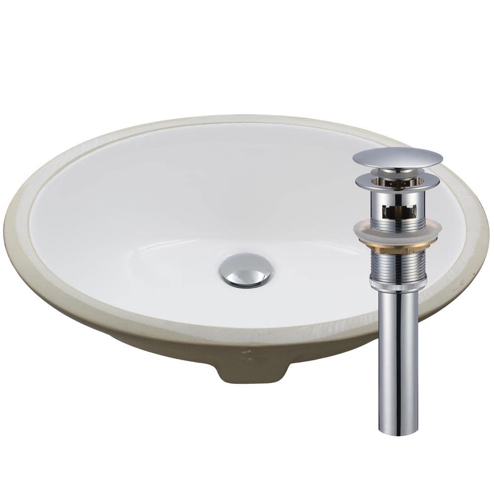 Oval Undermount White and Beige Porcelain Bathroom Sink with Chrome Drain