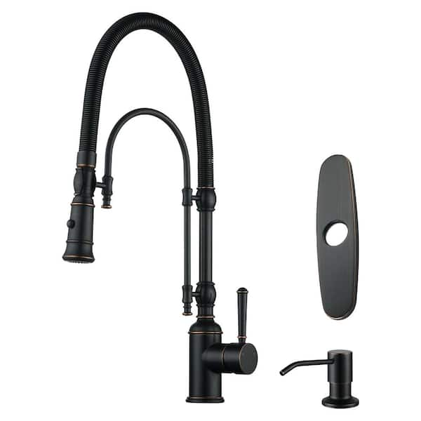 Solid Brass Single Handle Pull Down Sprayer Kitchen Faucet with Soap Dispenser in Oil Rubbed Bronze