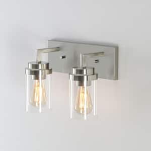 14 in. 2-Light Brushed Nickel Vanity Light with Clear Glass Shade