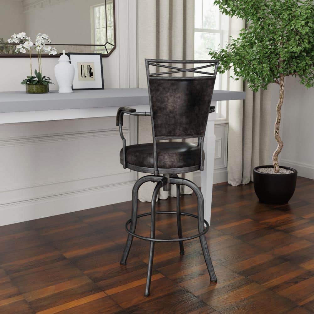 Gray Metal Bar Height Swivel Stool with Faux Leather Upholstery