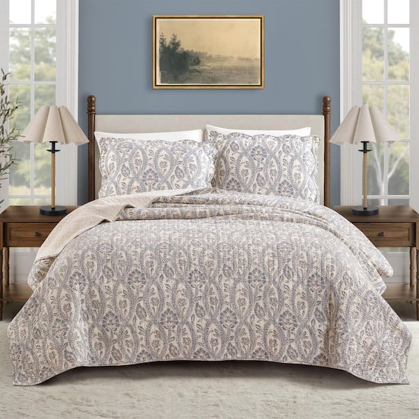 Spartina 449 Jonas Hundred 3-Piece Cream/Gray Medallion Cotton King Quilt Set